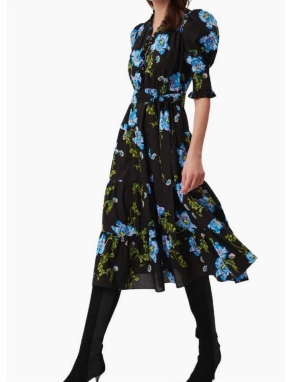 Diane Von Furstenberg Black Midi Dress with Blue Floral Print